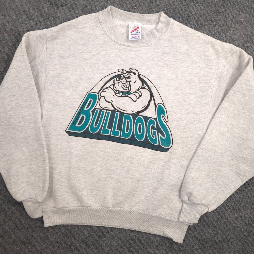 Vintage JERZEES Sweatshirt Unisex S Gray Heather Churchill Bulldogs Crewneck USA
